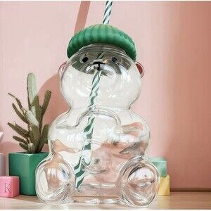 New Bear Cup Teed with Straw 20oz Reusable Glass for Iced Coffee & Iced Tea